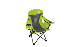 Fyrefly Green Kids Chair, Glow in the Dark, Padded Back Rest, Foldable, Locking Frame, Insulated Arm Cooler, Mesh Drink Holder, Storage Pocket, Compact Quad Design, 600D Polyester, Carry Bag with Shoulder Strap