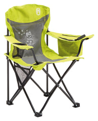 Fyrefly Green Kids Chair, Glow in the Dark, Padded Back Rest, Foldable, Locking Frame, Insulated Arm Cooler, Mesh Drink Holder, Storage Pocket, Compact Quad Design, 600D Polyester, Carry Bag with Shoulder Strap