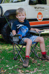 KIDS Camp Chair, Blue/Grey Foldable, Easy Clean Fabric, Drink Holder, Weight Rated 100kg, Carry Bag with Shoulder Strap