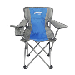 KIDS Camp Chair, Blue/Grey Foldable, Easy Clean Fabric, Drink Holder, Weight Rated 100kg, Carry Bag with Shoulder Strap