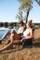 Falls Event Camp Chair, Foldable, Slight Recline, Cushioned, High Back, Drink Holder, Media Storage Pocket, Padded Arms, Low Rise, Weight Rated 135kg, Carry Bag with Shoulder Strap