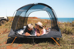 Queen Easy Up Stretcher Tent, Powder Coated Steel Frame, Ultra-fine Mesh, 2 Large Vestibules, Internal pockets, Mesh Storage Shelf, Ripsop Waterproof Fly, Heavy Duty Carry Bag with Handles (200x144x150cm)
