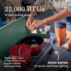Cascade™ 222 2-Burner Camping Stove, 22000 BTUs, Portable, Easy to Clean, Improved Control, Wind Guards