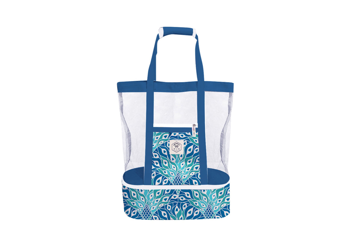 Peacock Paradise 2 in 1 Insulated Beach Cooler Bag, 2 Compartments, Mesh Top, Zipped Pocket