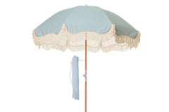 Bay Blue 1.75m Premium 100% Canvas Beach Umbrella, UV50+, Wood Pole, Cotton Tassels, Tilting Mechanism, Sand Screw