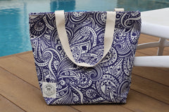 Tahitian Blue Canvas Beach Bag, Inner Pocket, Carry Handles