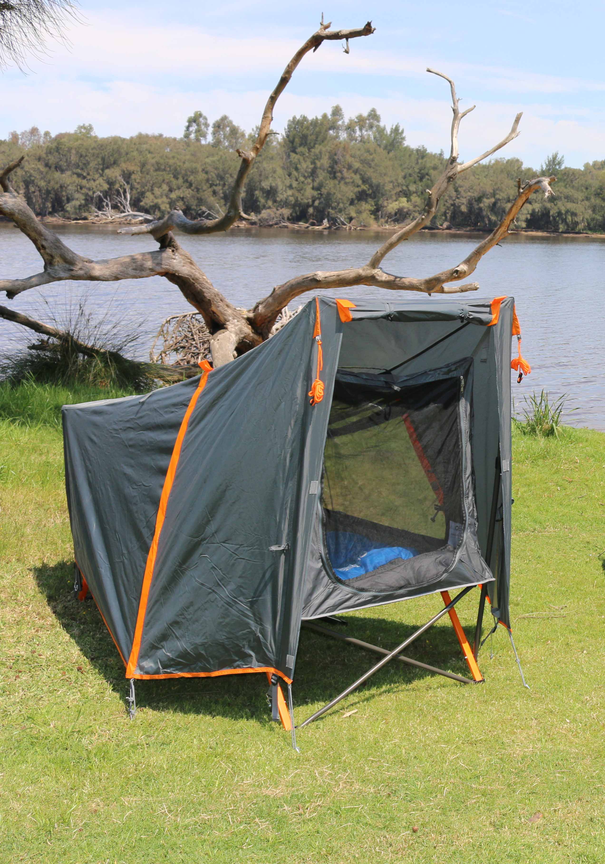 Stretcher Tent from Wildtrak Leisure Australia set up for elevated, stable outdoor camping.