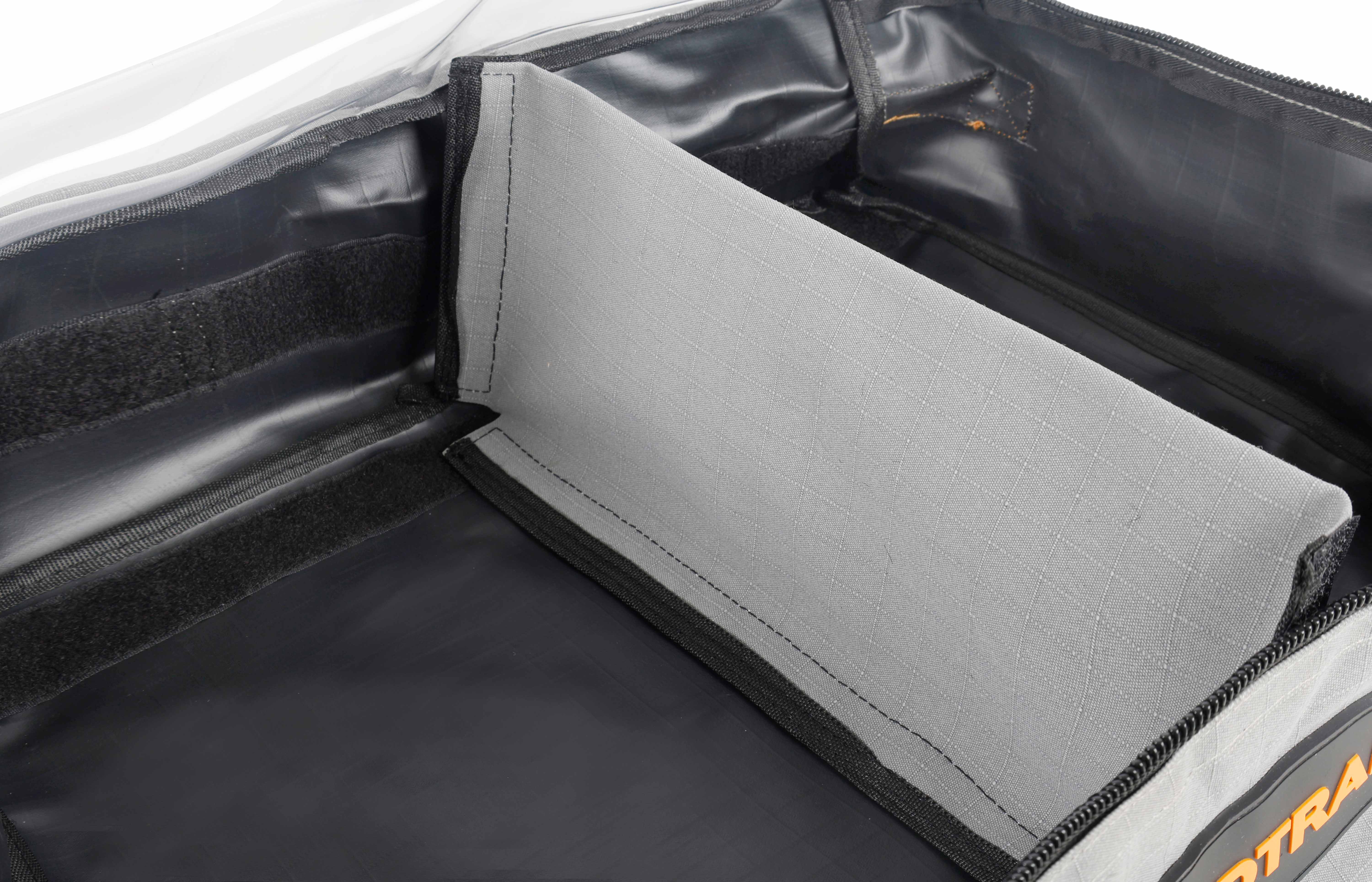 Wildtrak camping storage bag, open showing gray padded internal organizer.