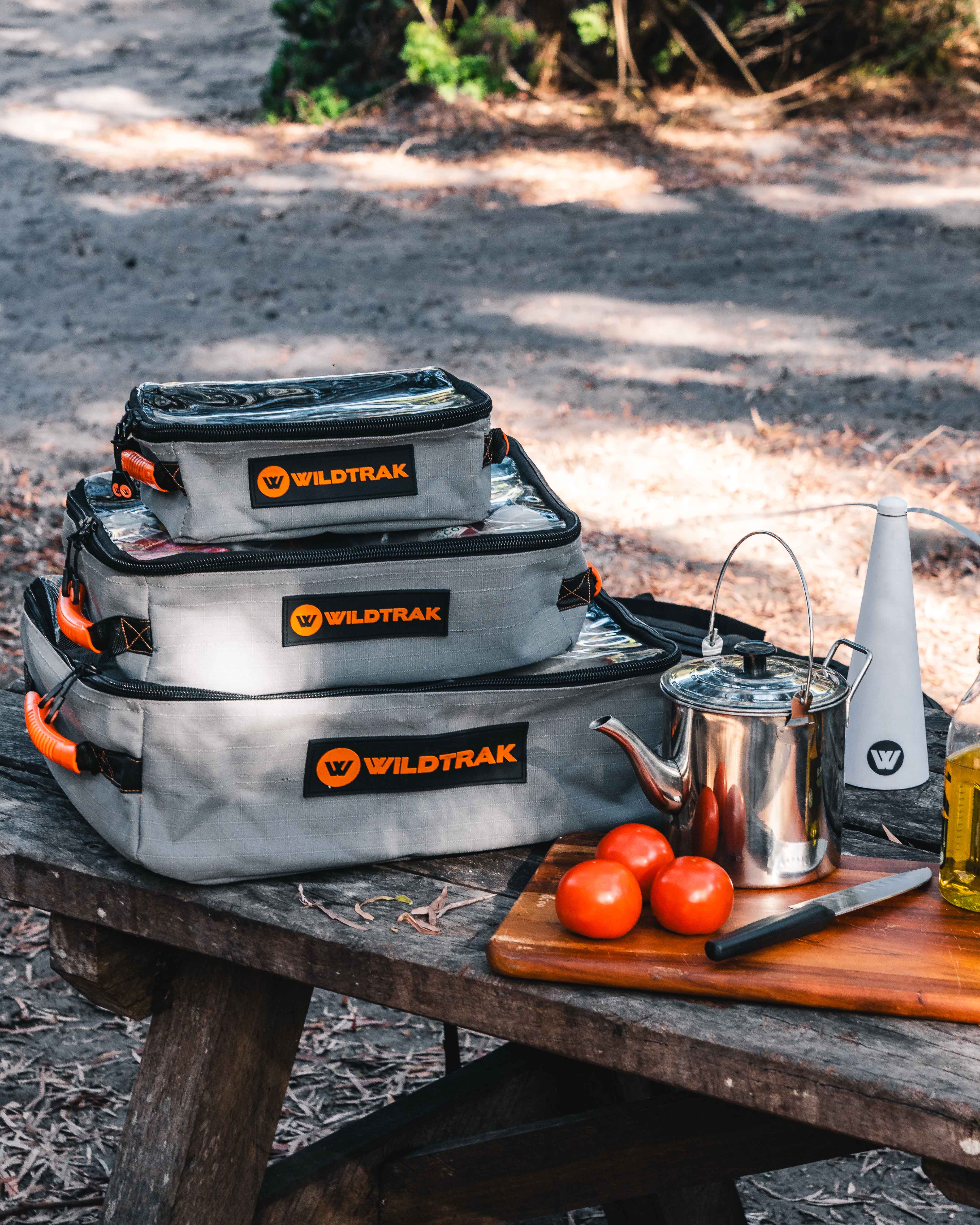 Wildtrak large canvas bags neatly arranged beside a cooking essentials.