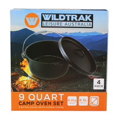 4pc Camp Oven Set - 9 Quart Heavy Duty Pre-Seasoned Round Cast Iron Camp Oven, Lid Lifter, Wire Trivett and Canvas Carry Bag
