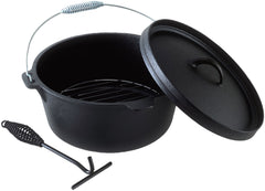 4pc Camp Oven Set - 9 Quart Heavy Duty Pre-Seasoned Round Cast Iron Camp Oven, Lid Lifter, Wire Trivett and Canvas Carry Bag