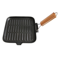 Pre-Seasoned Cast Iron Ridged Skillet/Grill Pan with Wooden Handle 24x24cm