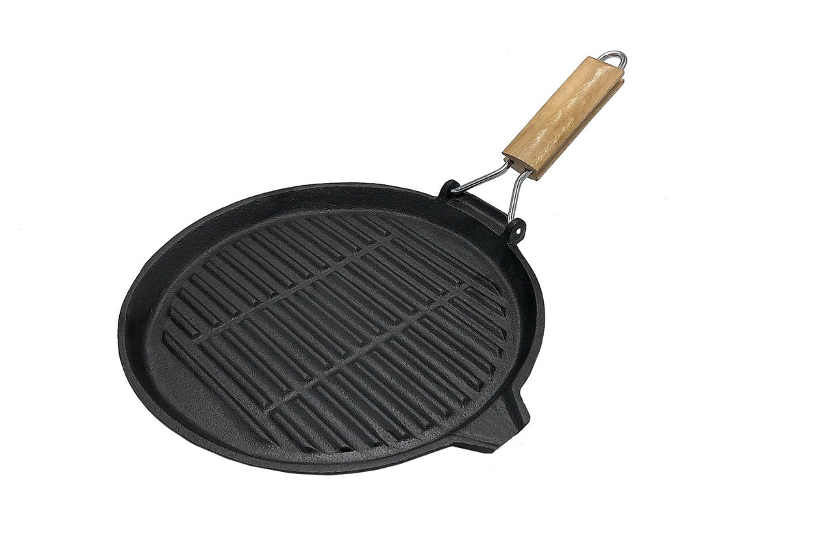 Cast Iron Pre-Seasoned Round Skillet/Grill Pan with Wooden Handle 24cm