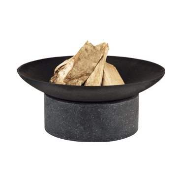 black fire pit with wood logs on a round stone base