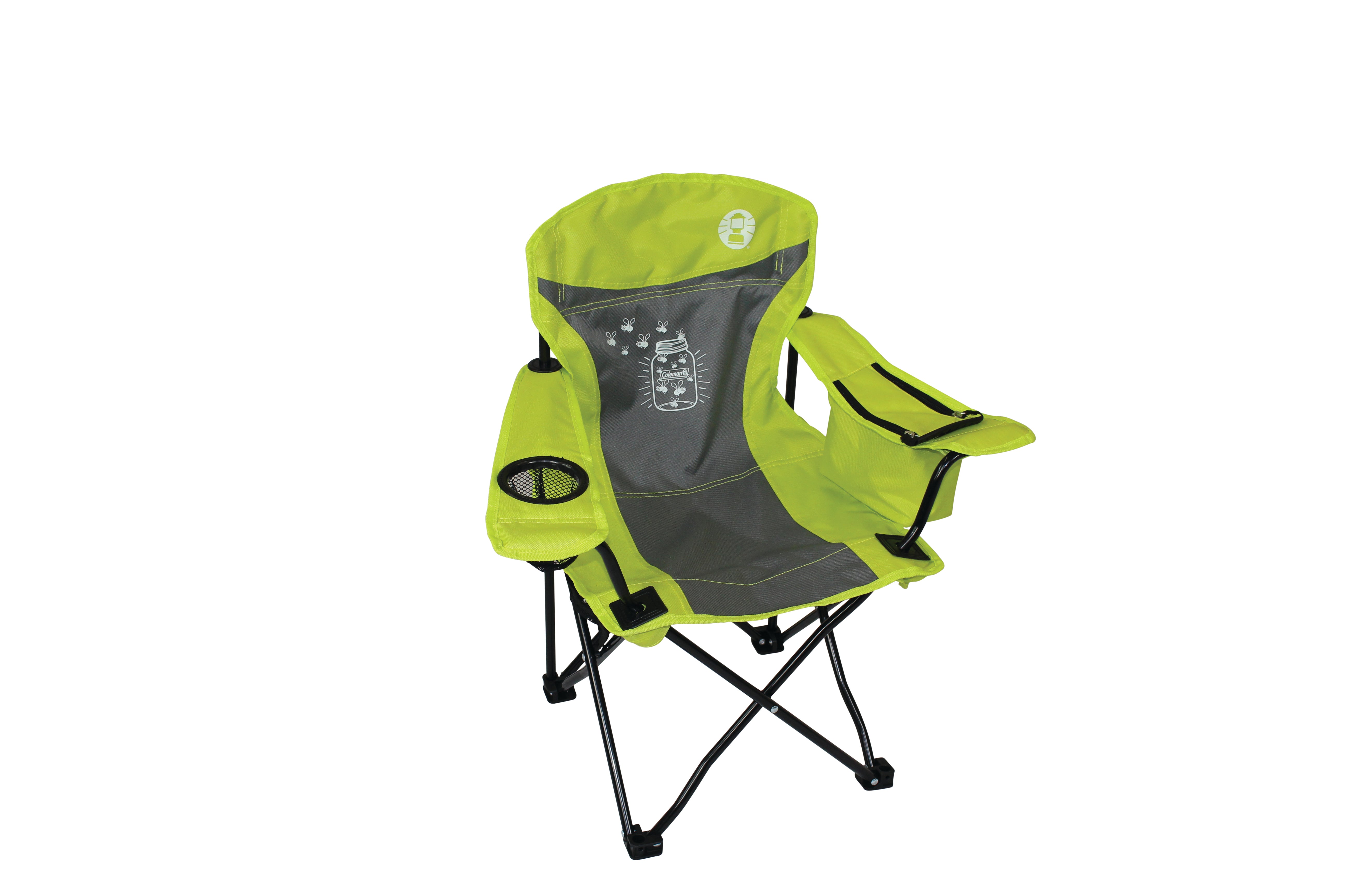 COLEMAN ™ Fyrefly Green Kids Chair, Glow in the Dark, Padded Back Rest, Foldable, Locking Frame, Insulated Arm Cooler, Mesh Drink Holder, Storage Pocket, Compact Quad Design, 600D Polyester, Carry Bag with Shoulder Strap