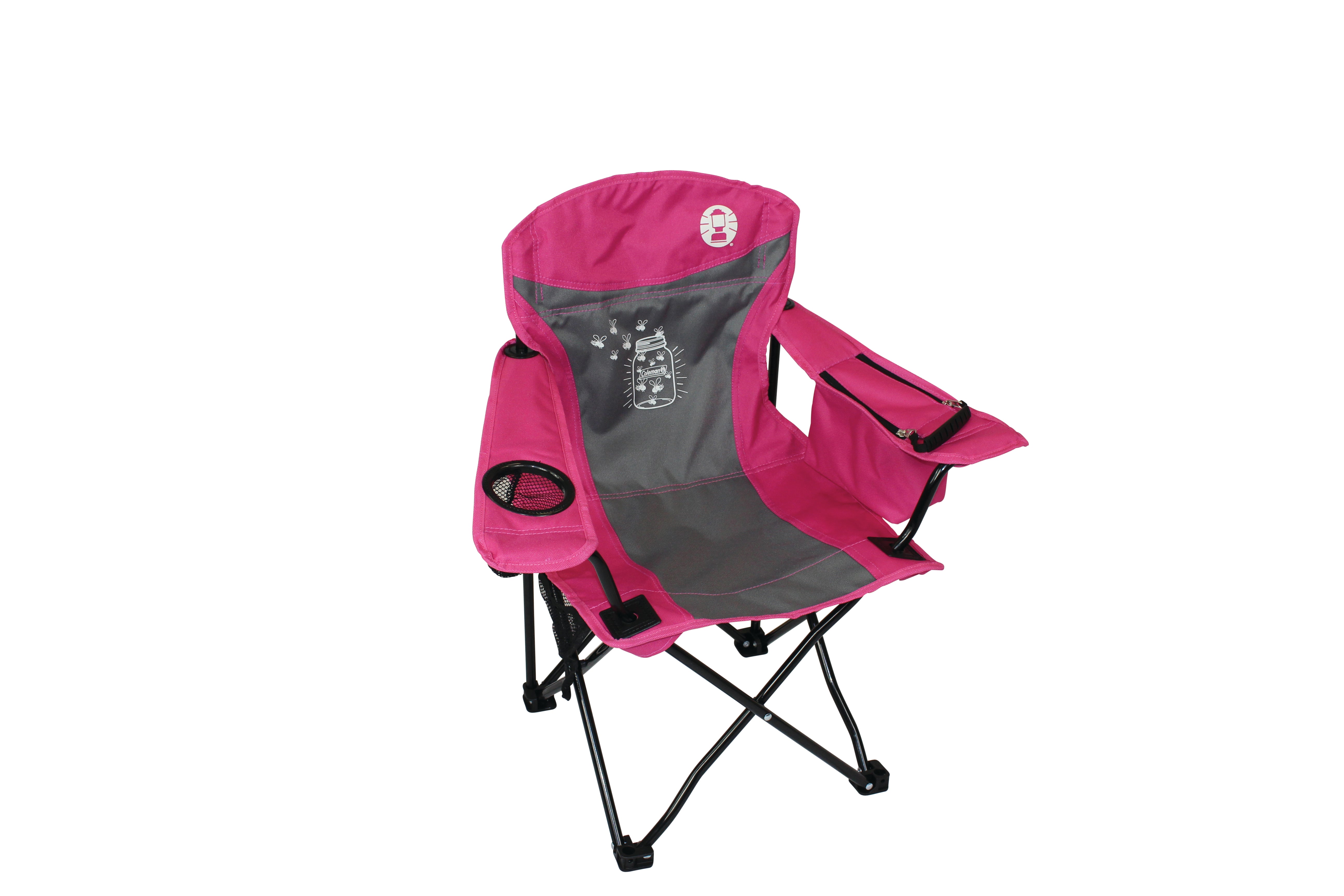 COLEMAN ™ Fyrefly Pink Kids Chair, Glow in the Dark, Padded Back Rest, Foldable, Locking Frame, Insulated Arm Cooler, Mesh Drink Holder, Storage Pocket, Compact Quad Design, 600D Polyester, Carry Bag with Shoulder Strap
