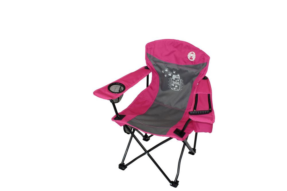 COLEMAN ™ Fyrefly Pink Kids Chair, Glow in the Dark, Padded Back Rest, Foldable, Locking Frame, Insulated Arm Cooler, Mesh Drink Holder, Storage Pocket, Compact Quad Design, 600D Polyester, Carry Bag with Shoulder Strap