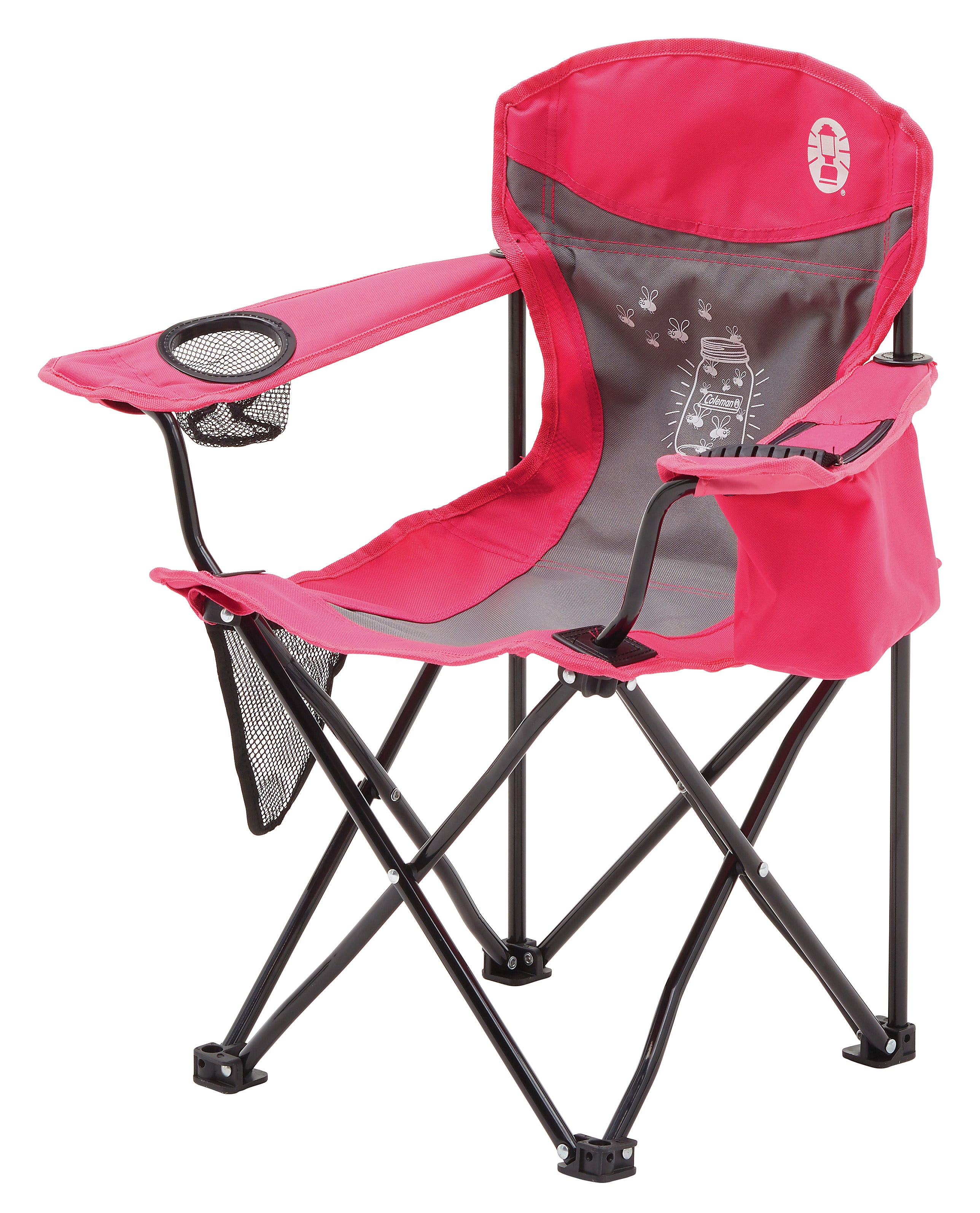 COLEMAN ™ Fyrefly Pink Kids Chair, Glow in the Dark, Padded Back Rest, Foldable, Locking Frame, Insulated Arm Cooler, Mesh Drink Holder, Storage Pocket, Compact Quad Design, 600D Polyester, Carry Bag with Shoulder Strap