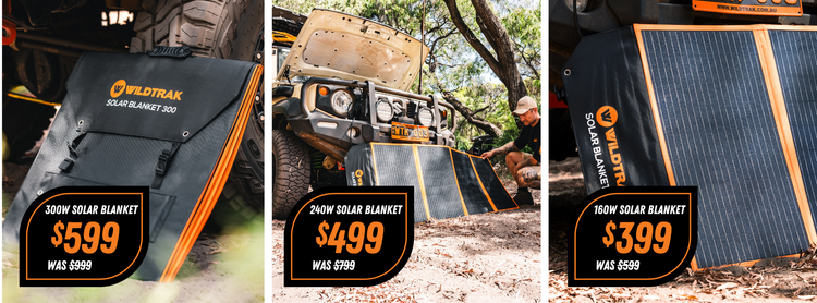 Wildtrak solar blankets 300W, 240W, 160W on sale for outdoor camping setup