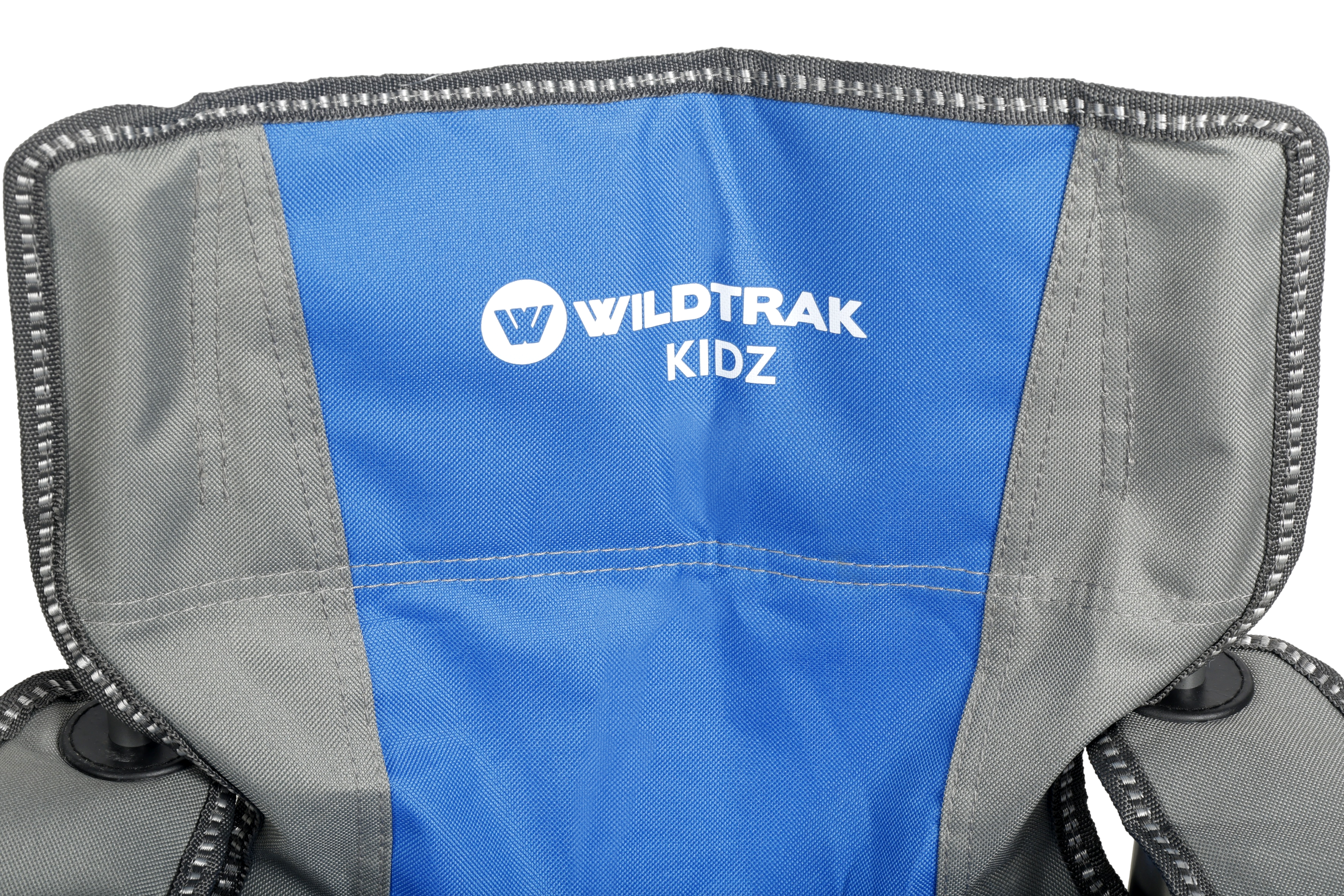 WILDTRAK™ KIDS Blue/Grey Foldable Camp Chair, Easy Clean Fabric, Drink Holder, Weight Rated 100kg, Carry Bag with Shoulder Strap
