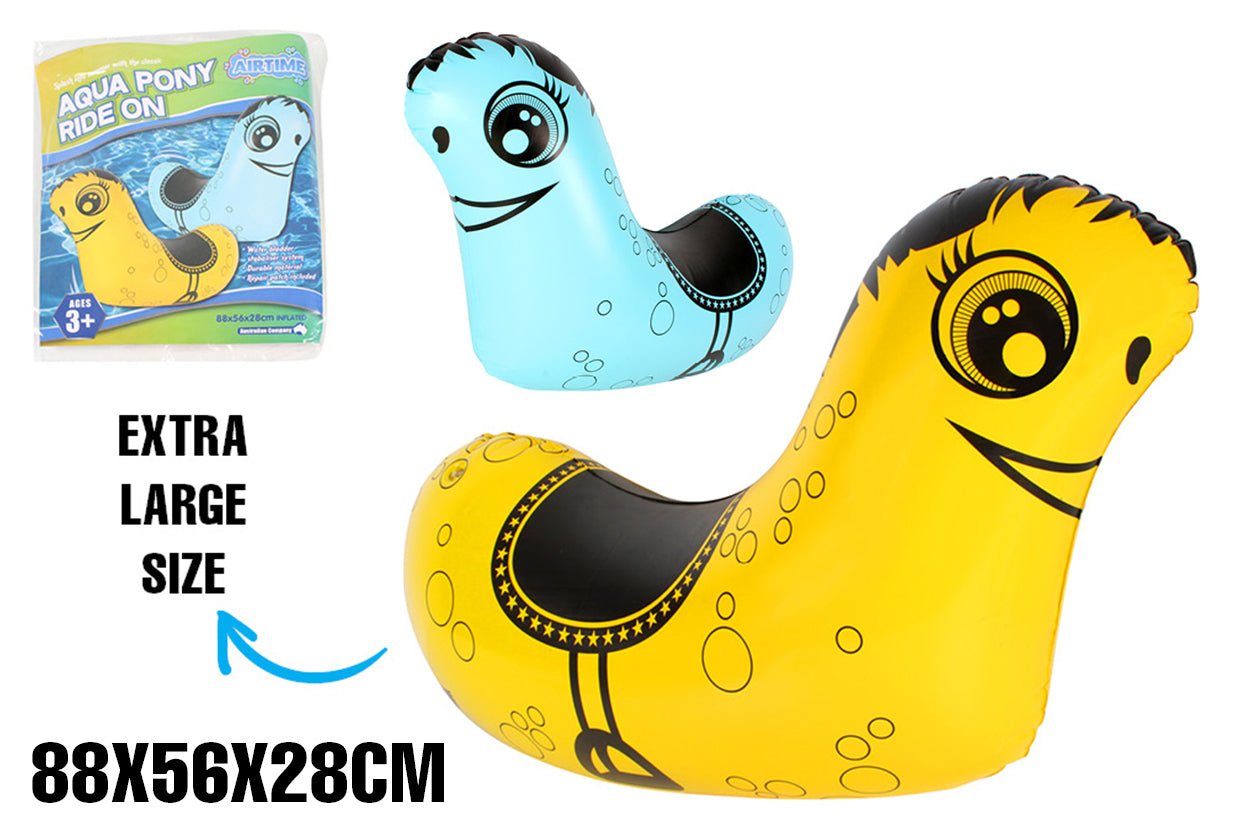 Inflatable Ride-on Aqua Pony with Stabiliser Yellow or Blue - Age 3+ (88x56x28cm)