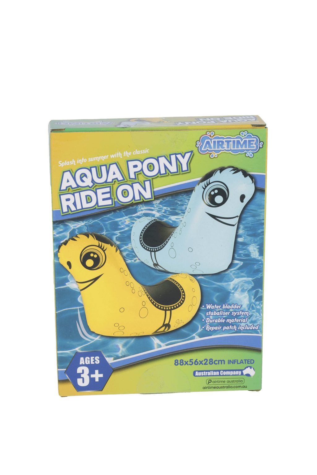Inflatable Ride-on Aqua Pony with Stabiliser Yellow or Blue - Age 3+ (88x56x28cm)