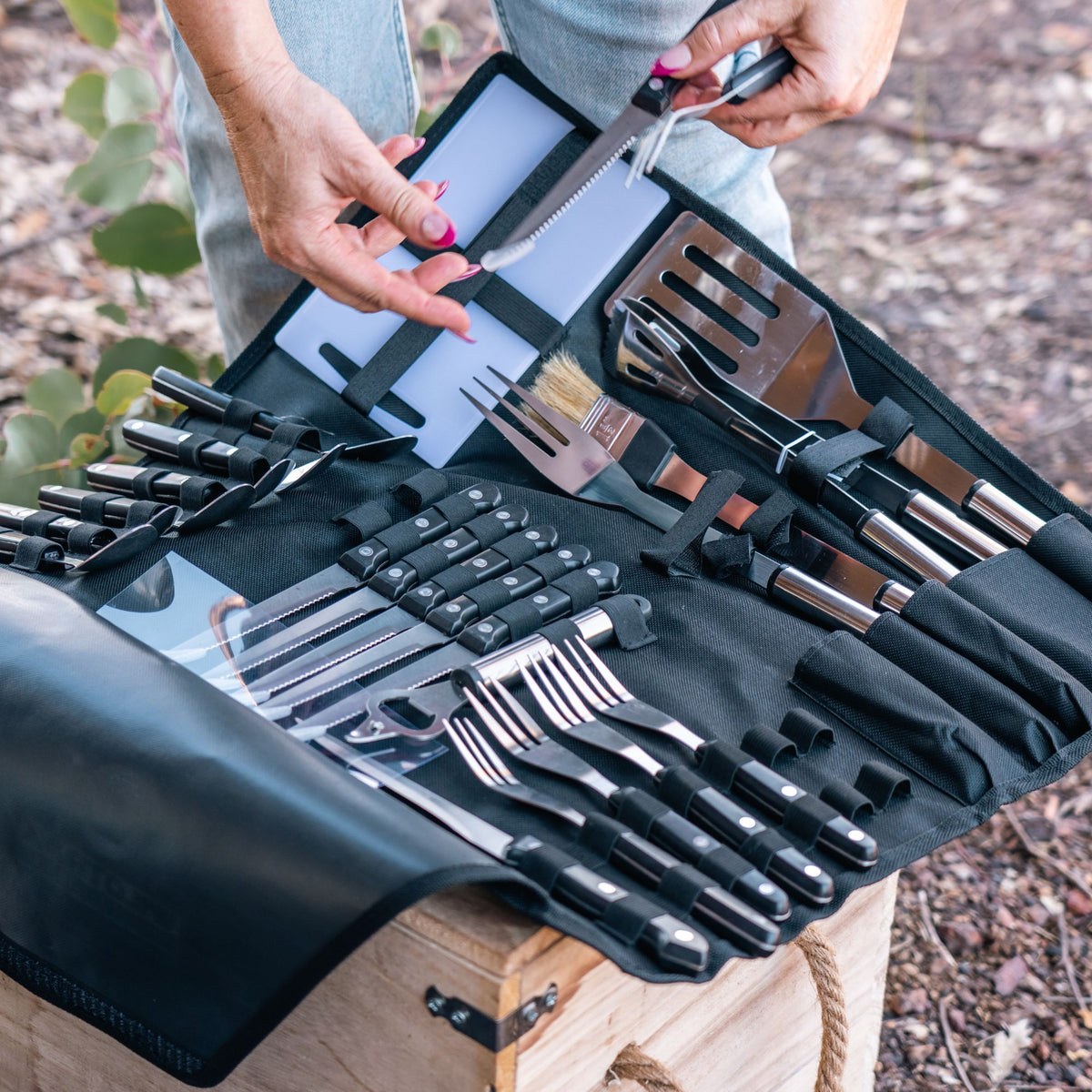Wildtrak 26 Pcs Stainless Steel Cutlery and BBQ Set in Canvas Wrap with Handles