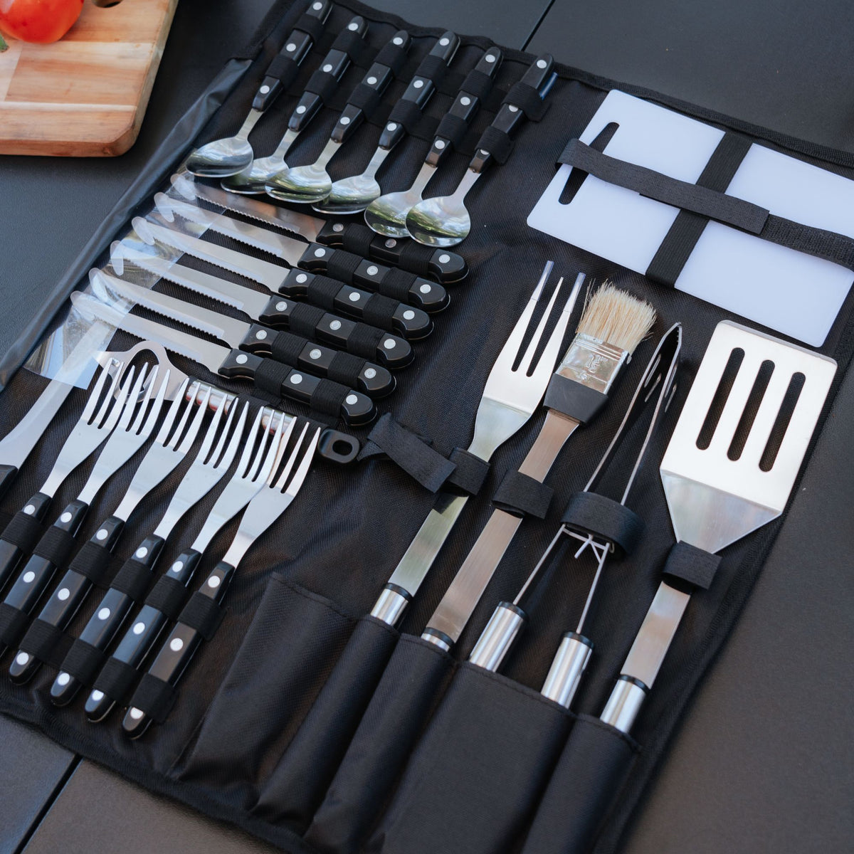 Wildtrak 26 Pcs Stainless Steel Cutlery and BBQ Set in Canvas Wrap with Handles