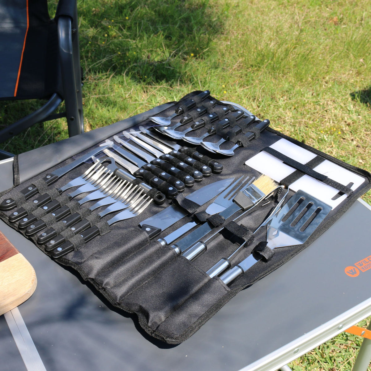 Wildtrak 26 Pcs Stainless Steel Cutlery and BBQ Set in Canvas Wrap with Handles