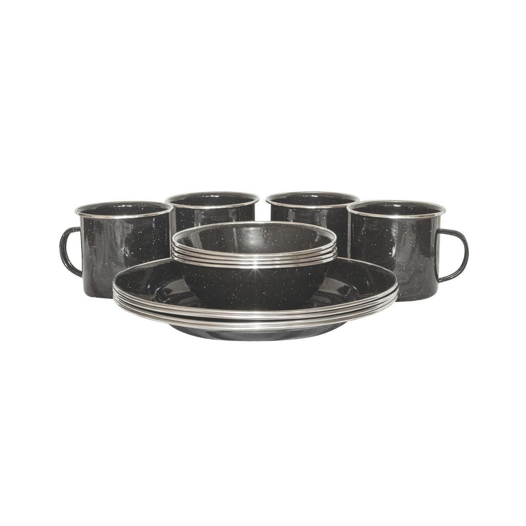 Wildtrak 12pc 4P Premium Black Speckled Enamel Dinner Set with Stainless Steel Rims