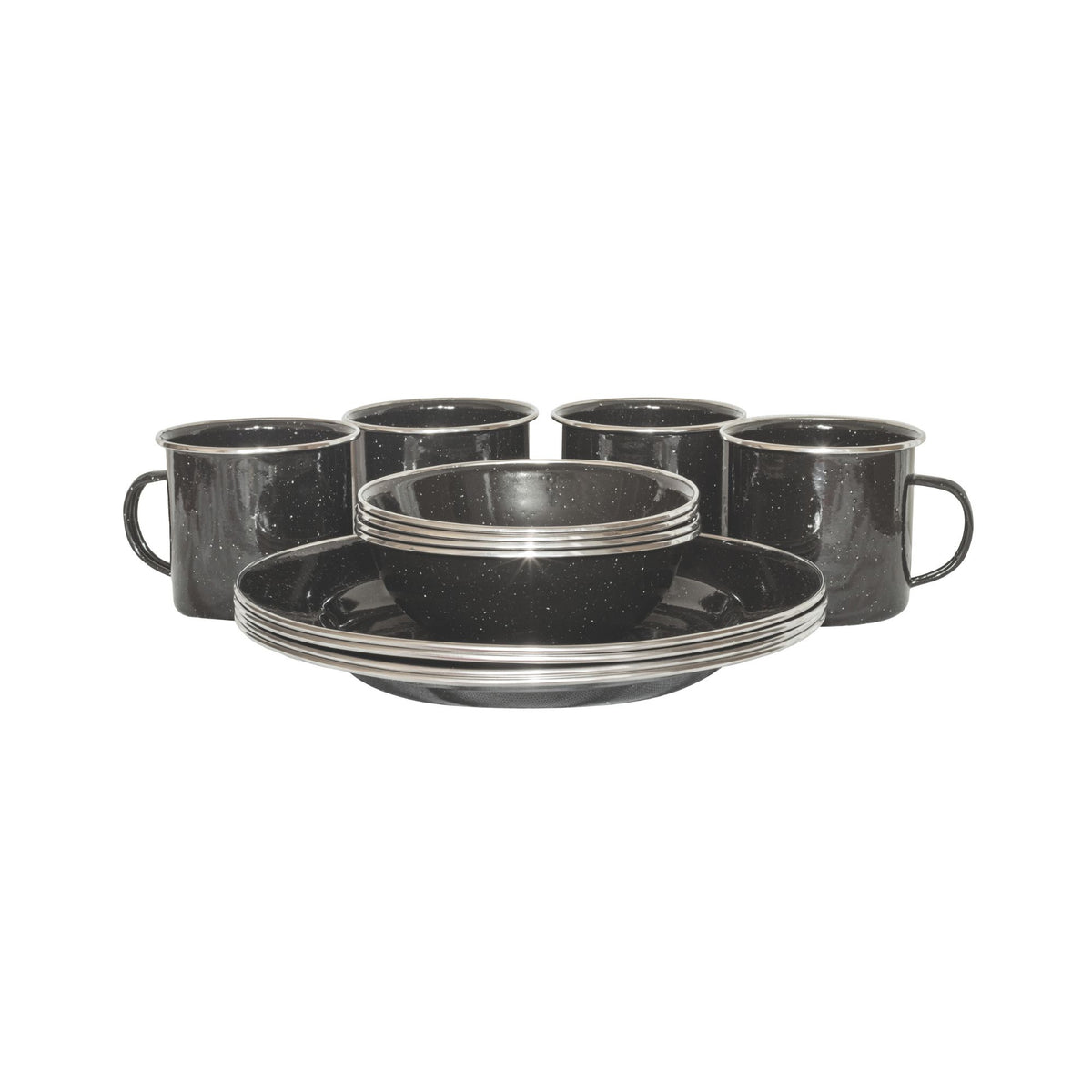 Wildtrak 12pc 4P Premium Black Speckled Enamel Dinner Set with Stainless Steel Rims
