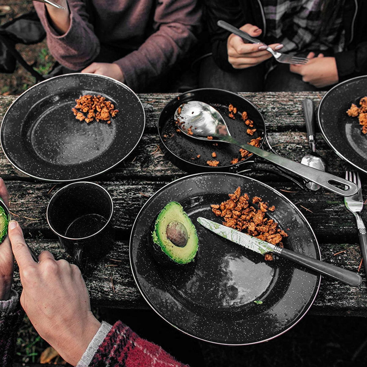 Wildtrak 12pc 4P Premium Black Speckled Enamel Dinner Set with Stainless Steel Rims
