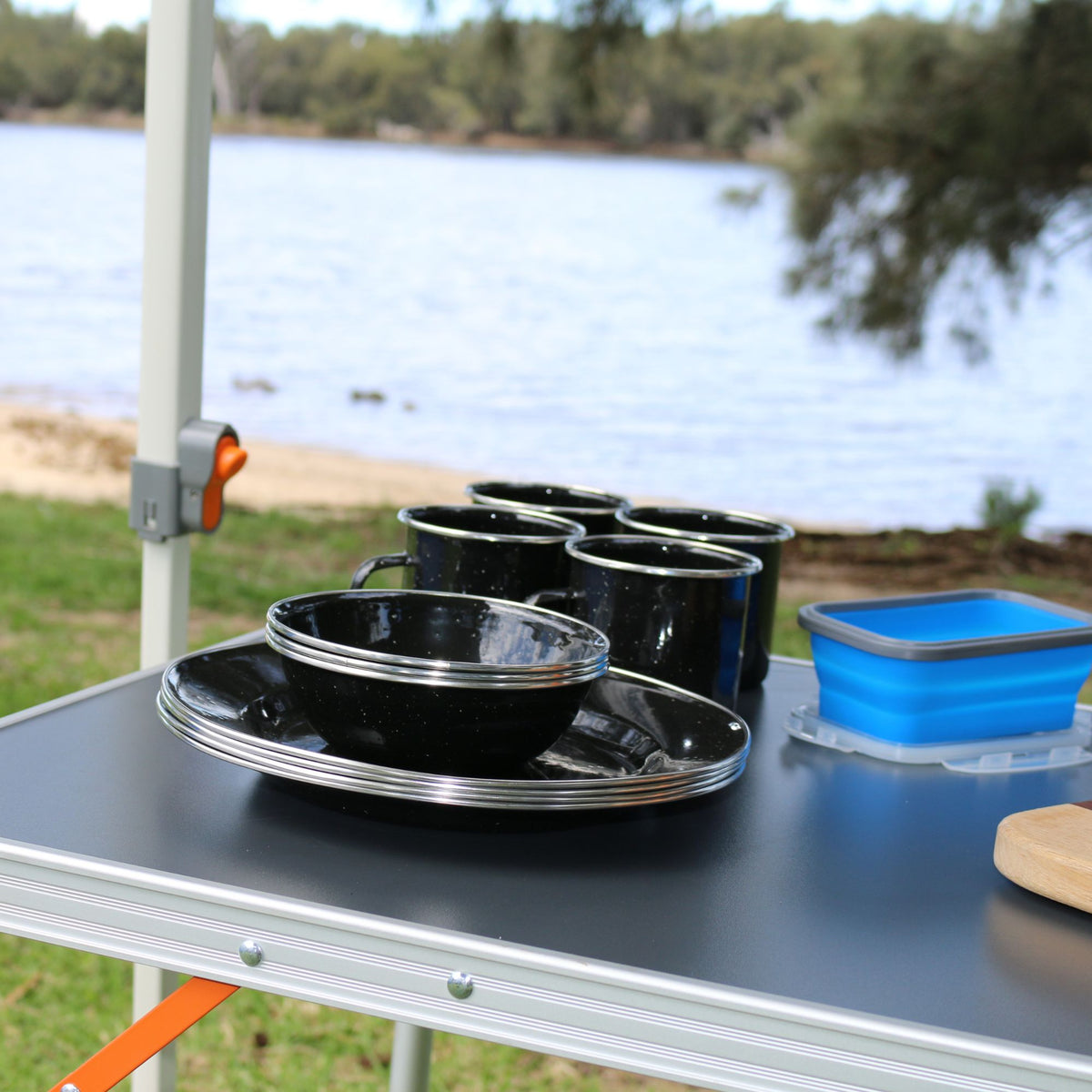Wildtrak 12pc 4P Premium Black Speckled Enamel Dinner Set with Stainless Steel Rims