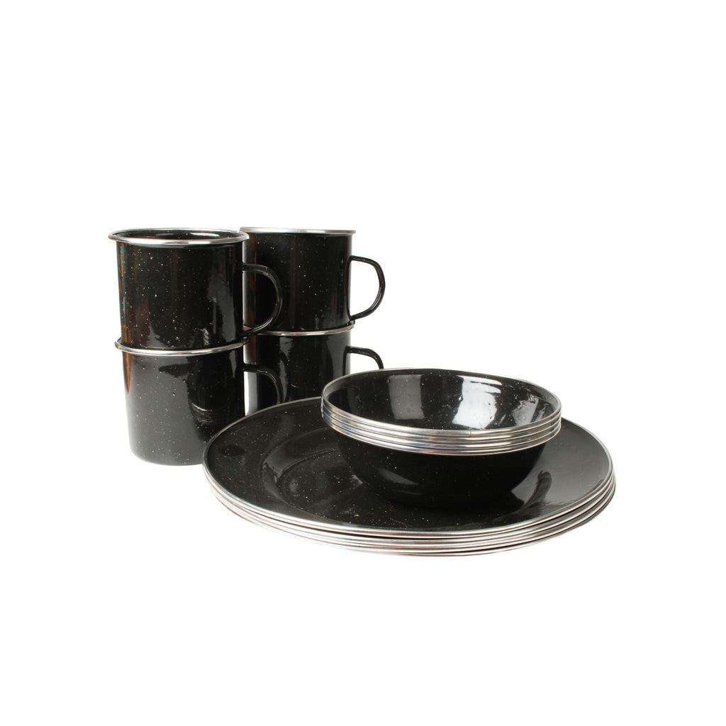 Wildtrak 12pc 4P Premium Black Speckled Enamel Dinner Set with Stainless Steel Rims