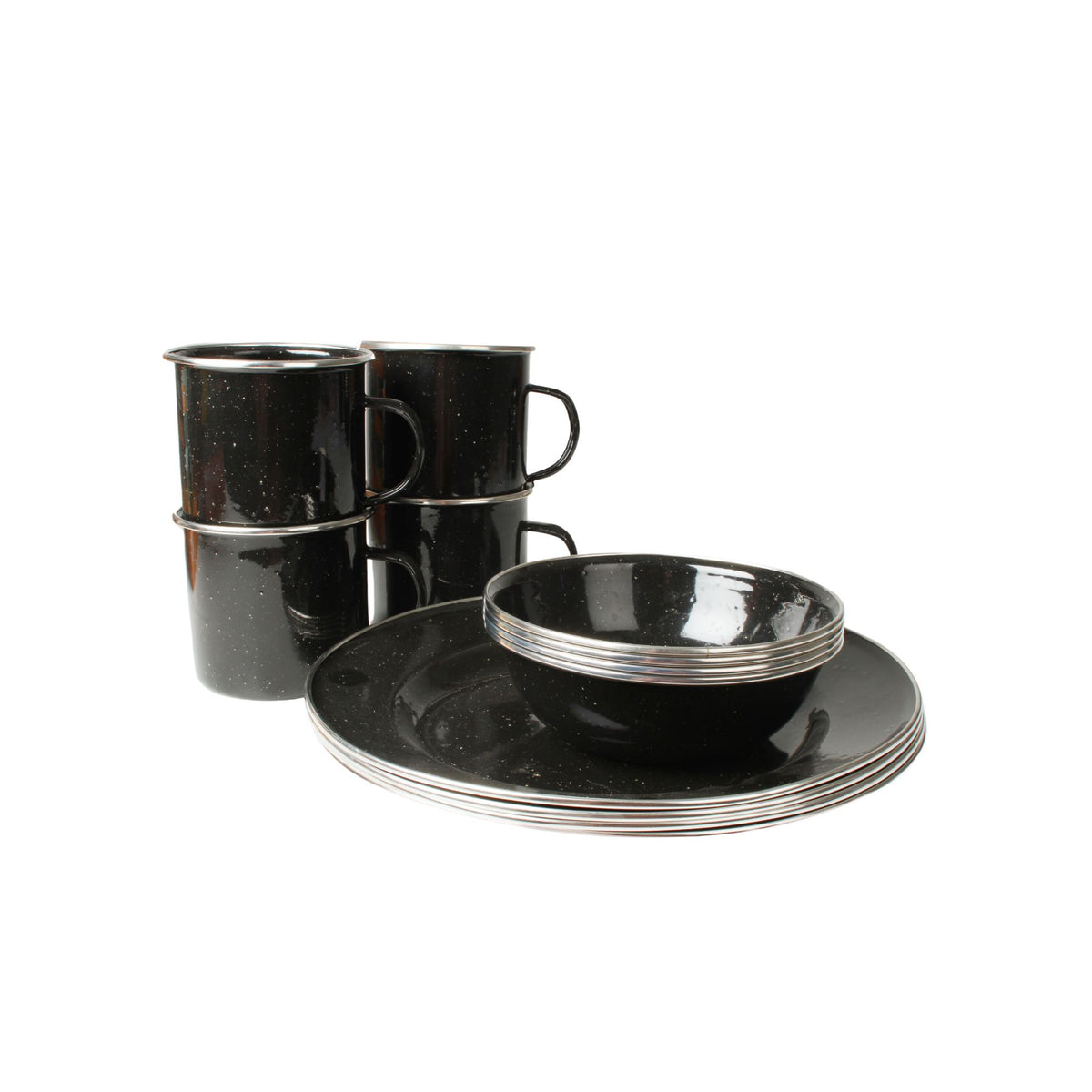 Wildtrak 12pc 4P Premium Black Speckled Enamel Dinner Set with Stainless Steel Rims