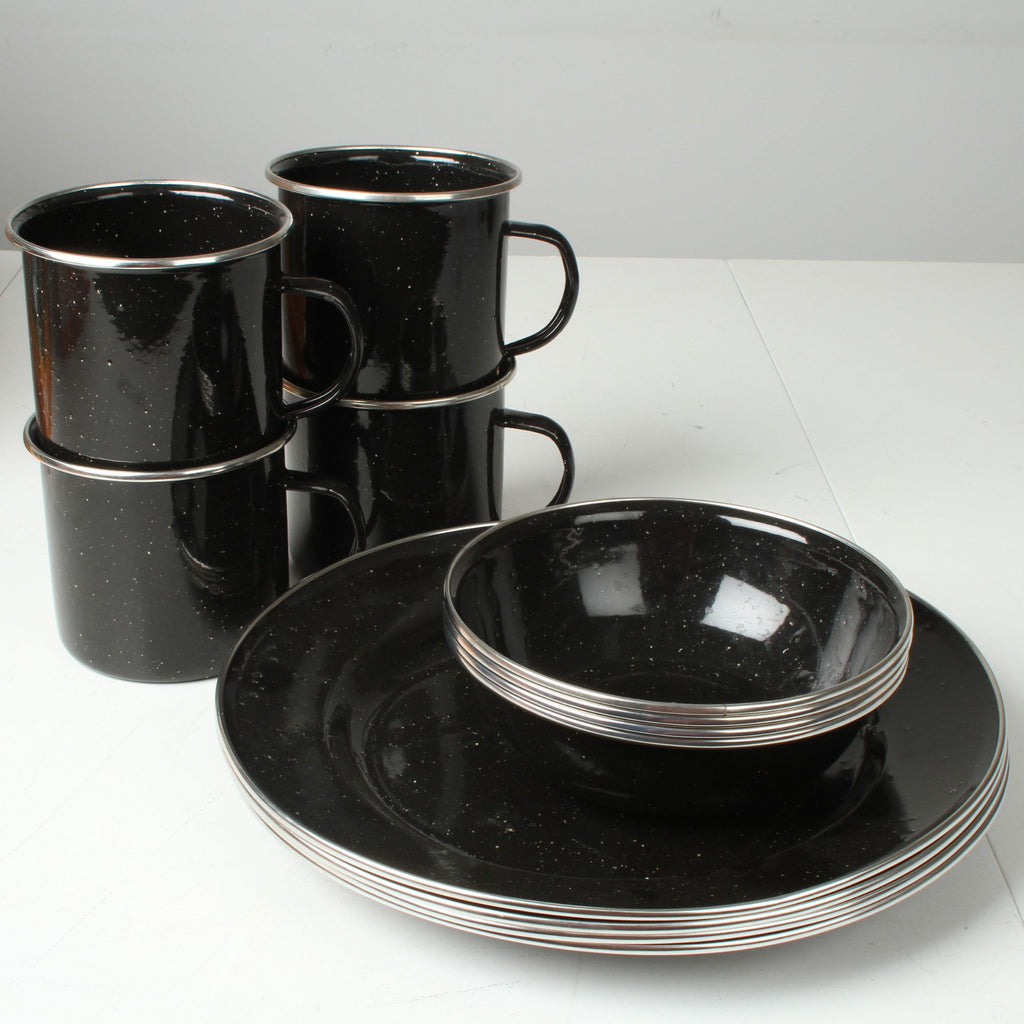 Wildtrak 12pc 4P Premium Black Speckled Enamel Dinner Set with Stainless Steel Rims
