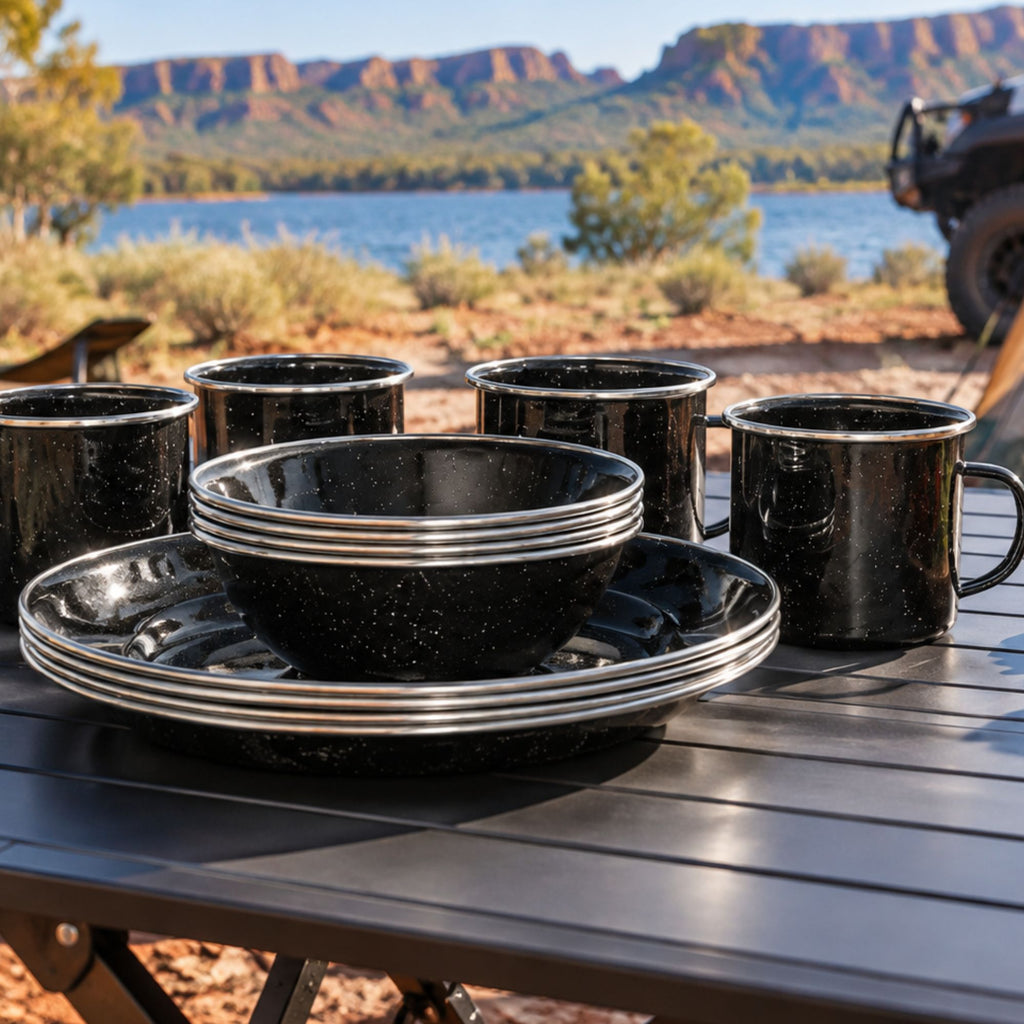 Wildtrak 12pc 4P Premium Black Speckled Enamel Dinner Set with Stainless Steel Rims