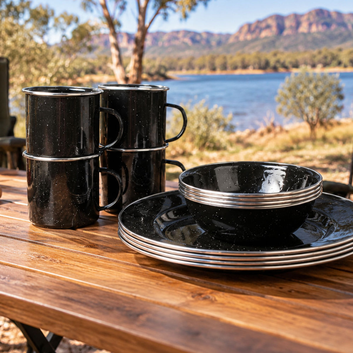 Wildtrak 12pc 4P Premium Black Speckled Enamel Dinner Set with Stainless Steel Rims