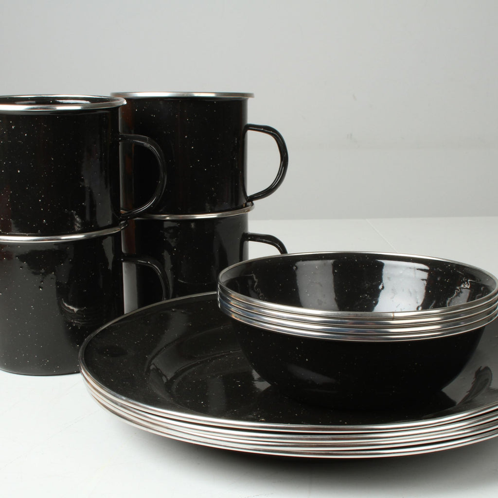 Wildtrak 12pc 4P Premium Black Speckled Enamel Dinner Set with Stainless Steel Rims