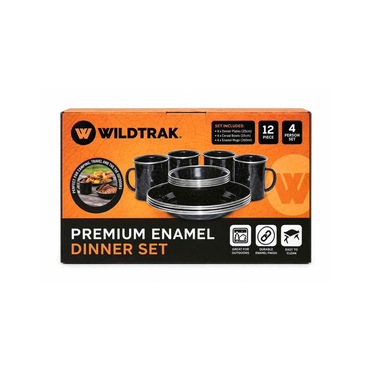 Wildtrak 12pc 4P Premium Black Speckled Enamel Dinner Set with Stainless Steel Rims
