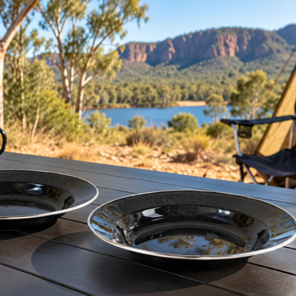Wildtrak Premium Black Speckled Enamel Plate with Stainless Steel Rim 26cm