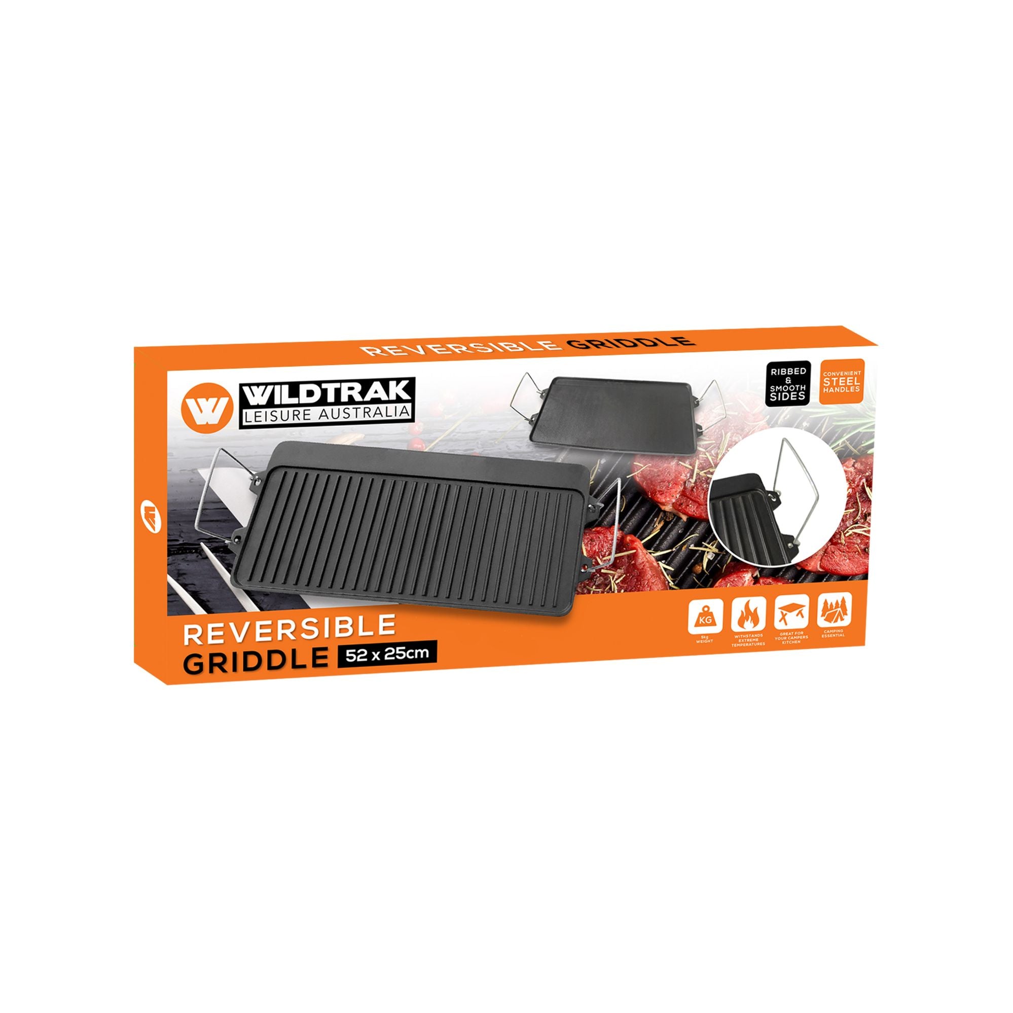 Wildtrak Reversible Cast-Iron Griddle with Handles 52x25cm, Pre-Seasoned