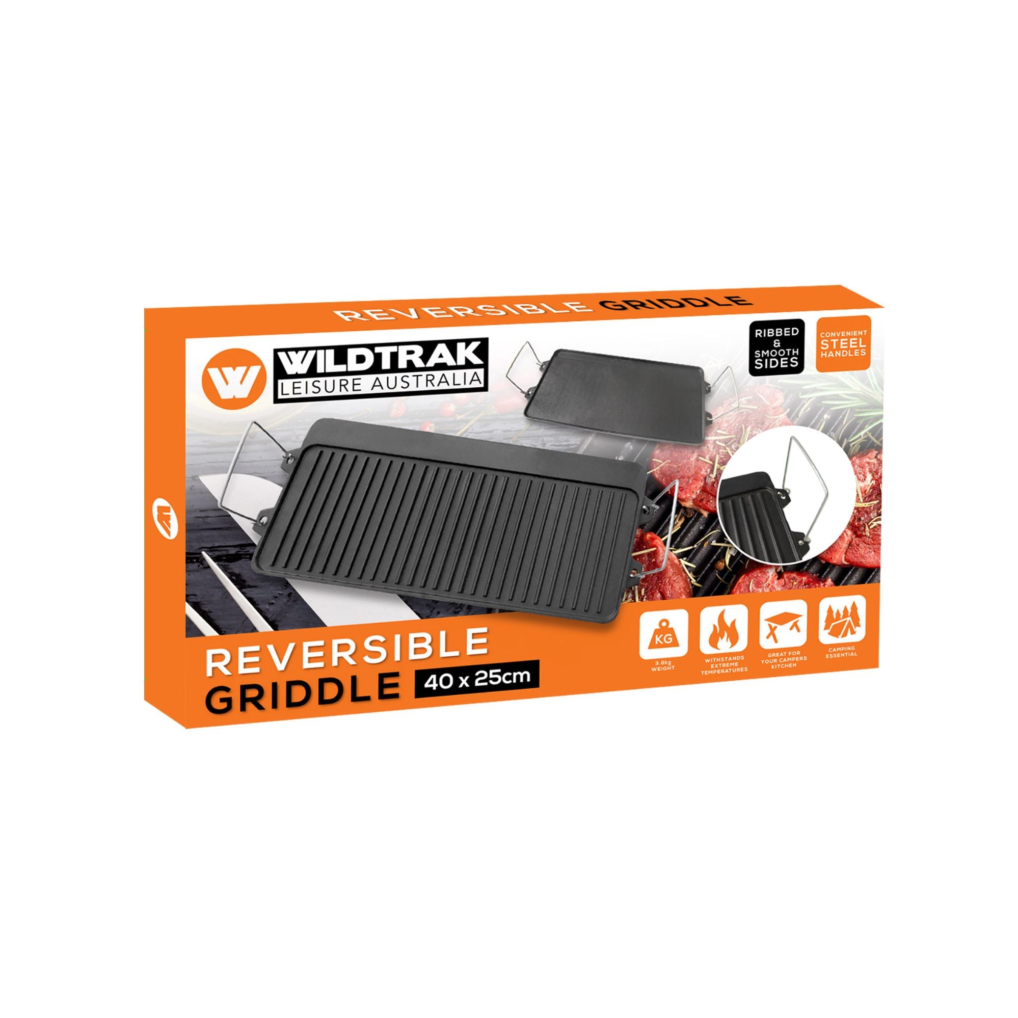 Wildtrak Reversible Cast-Iron Griddle with Handles 40x25cm, Pre-Seasoned