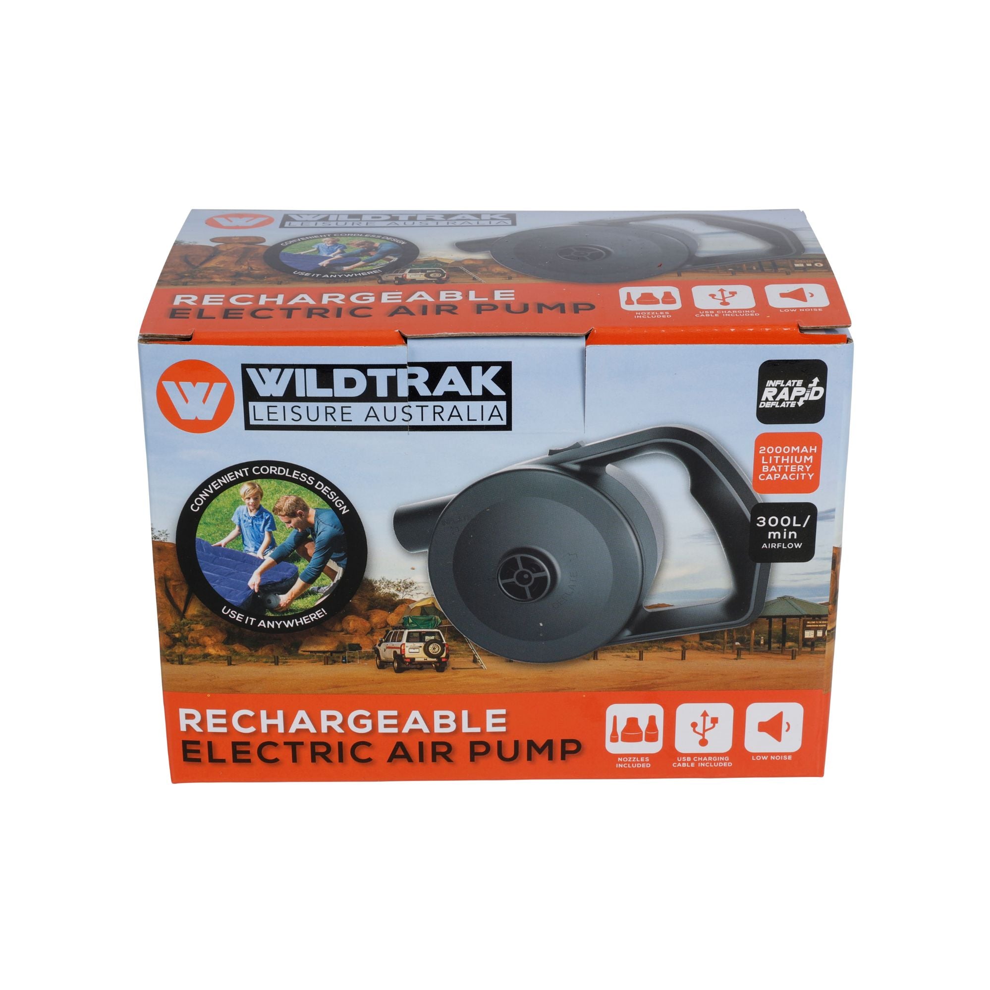 Wildtrak Rechargeable Portable Electric Air Pump with 3 Nozzle, Inflate/Deflate