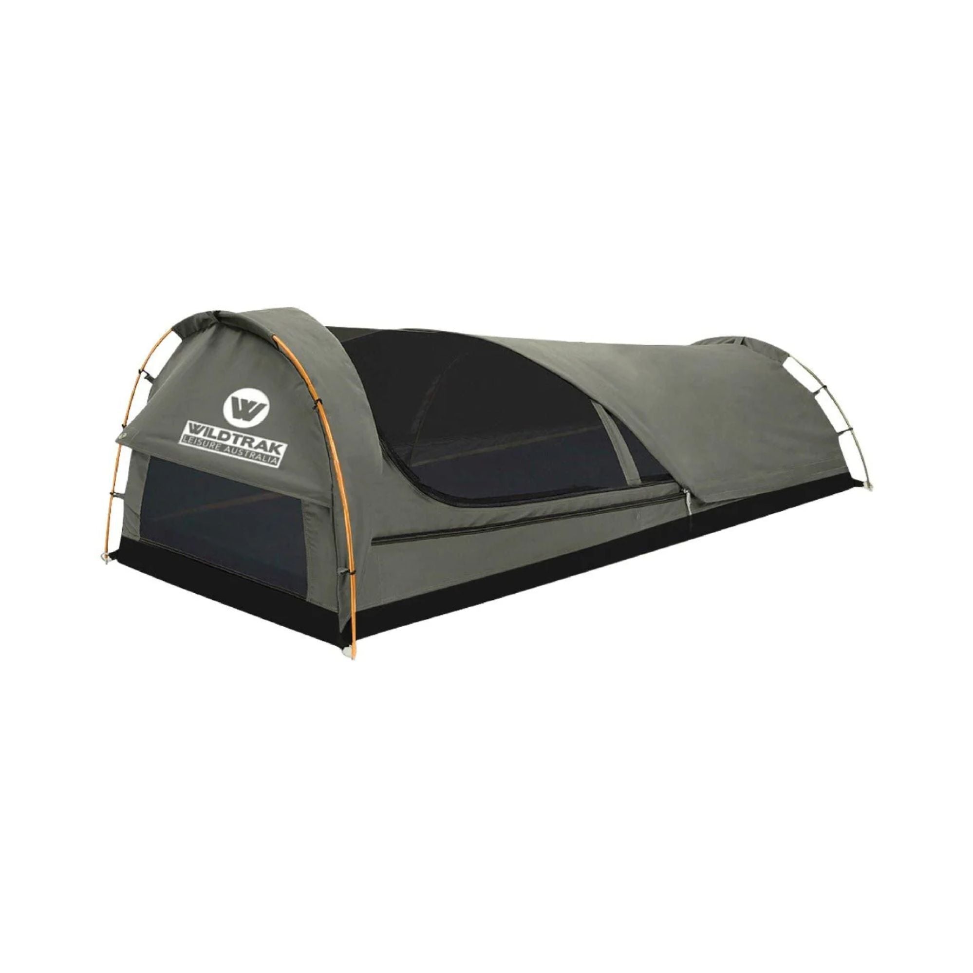 King Single Trakker Easy Setup Swag 420gsm Heavy Duty Ripstop Canvas, Ultra Fine Mesh, Aluminium Poles, High Density Foam Mattress, Weatherproof, Durable, Carry Bag with Handles 90x210cm
