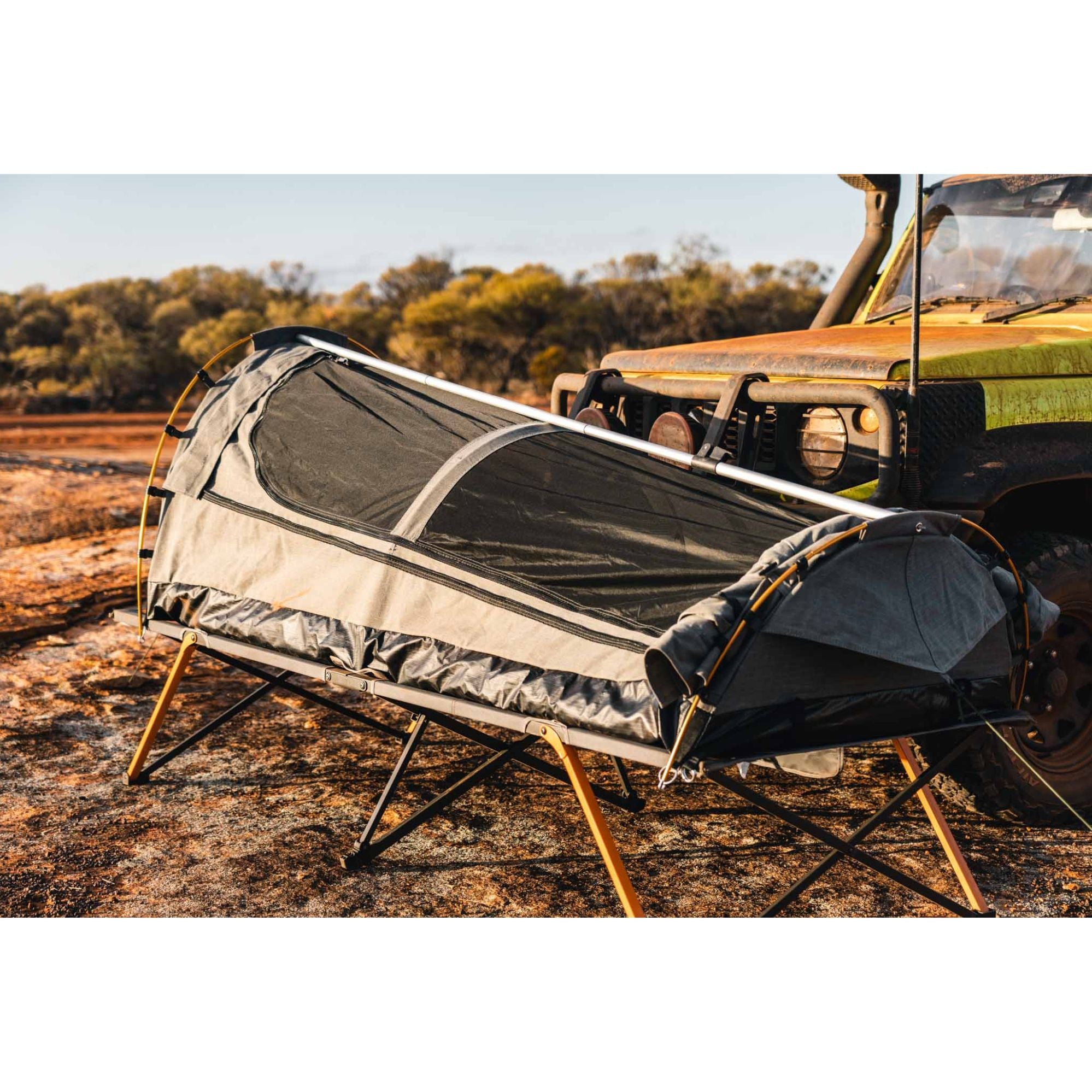 King Single Trakker Easy Setup Swag 420gsm Heavy Duty Ripstop Canvas, Ultra Fine Mesh, Aluminium Poles, High Density Foam Mattress, Weatherproof, Durable, Carry Bag with Handles 90x210cm