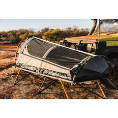 King Single Trakker Easy Setup Swag 420gsm Heavy Duty Ripstop Canvas, Ultra Fine Mesh, Aluminium Poles, High Density Foam Mattress, Weatherproof, Durable, Carry Bag with Handles 90x210cm