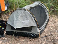 Augustus 1100 Easy Setup Swag 400gsm Heavy Duty Ripstop Canvas, Ultra Fine Mesh, Aluminium Poles, High Density Foam Mattress, Weatherproof, Durable, Carry Bag with Handles 110x215cm