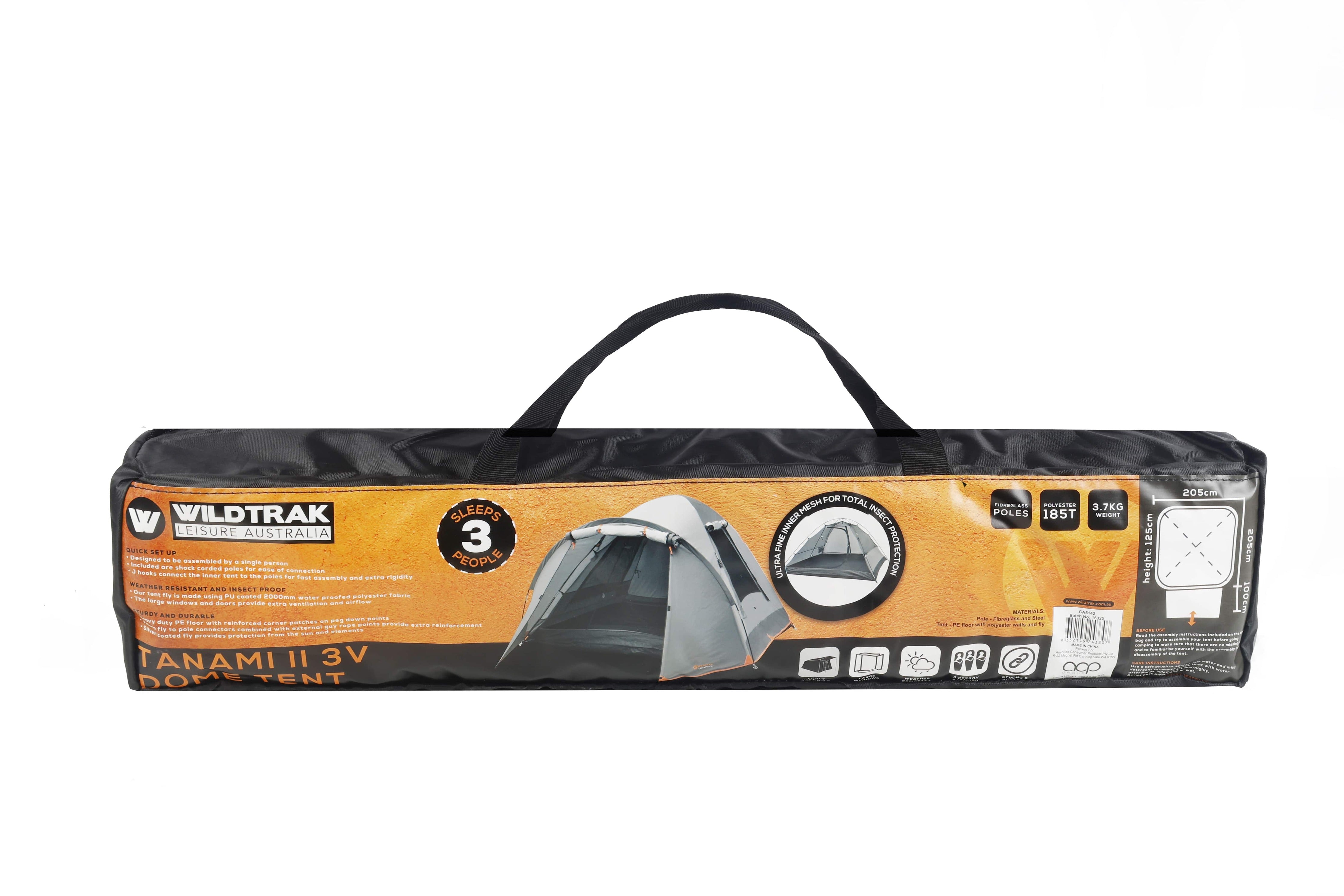 Wildtrak™ Tanami Series II 3V Dome Tent with Front Vestibule, Easy Assemble, Heavy Duty Floor, Shock Corded Fibreglass & Steel Poles, Ultrafine Mesh, J Hook Connections, Airlite Vents, Waterproof Fly, Carry Bag with Handles