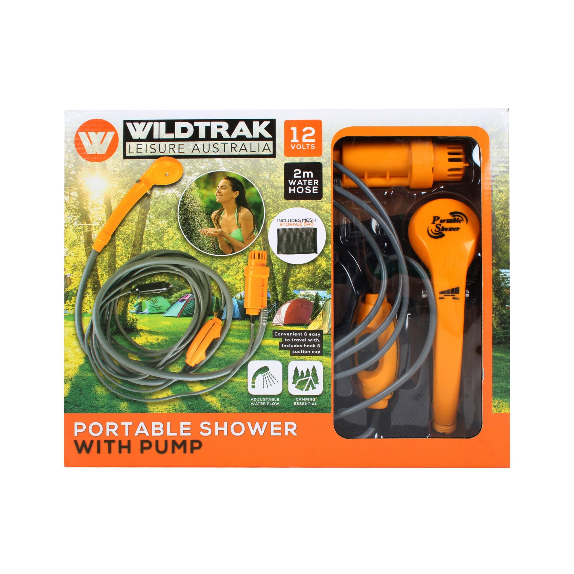 12V Portable Camp Shower, 2m Hose, Adjustable Flow